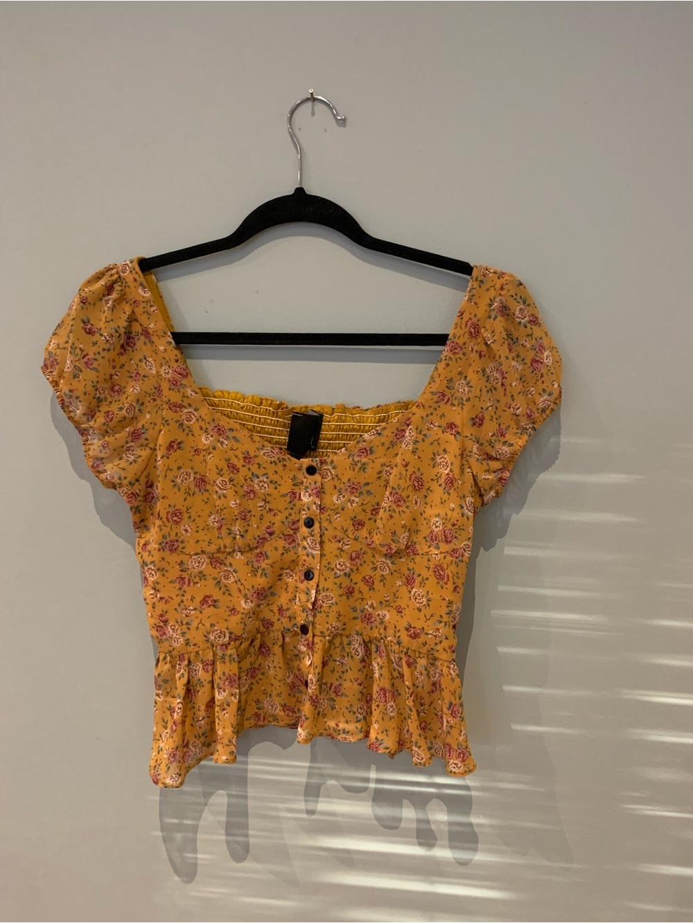 Kaii Yellow Floral Button-Front Peplum Crop Top